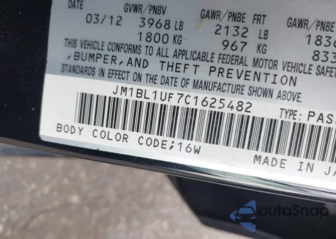 2012 Mazda Mazda3 I Sport from USA, damaged, VIN JM1BL1UF7C1625482